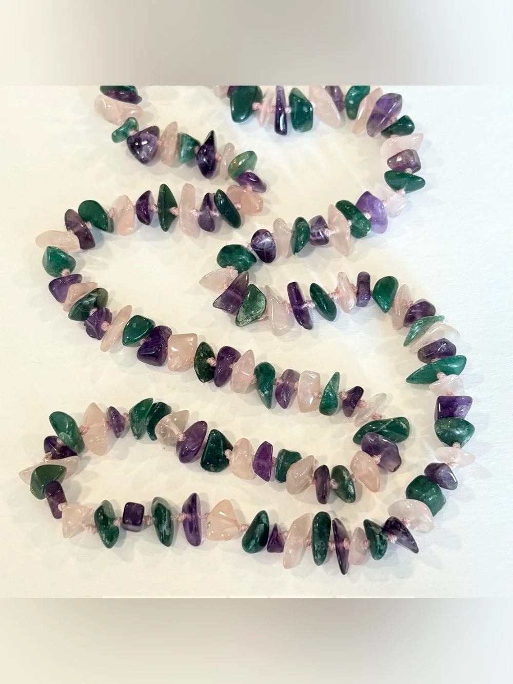 Jade Amethyst Rose Quartz Hand Knotted Necklace Vintage Estate Stone Purple Pink